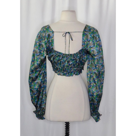 FOR LOVE AND LEMONS Alisa Top Floral Cropped Milkmaid Satin Smocked Small - Picture 9 of 14